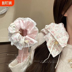 巨好看蕾丝粉色碎花方巾大肠发圈女2026新款 高级感橡皮筋扎头头绳