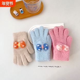 新款女孩针织保暖手套冬季加厚蝴蝶结提花五指骑车写作业儿童全指