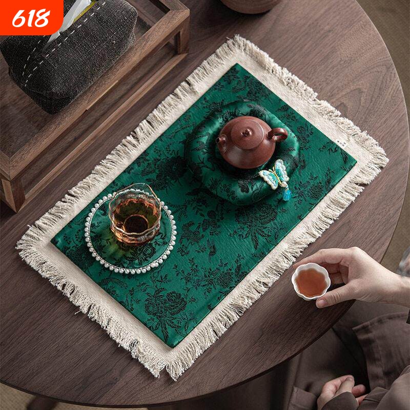 墨绿织锦提花茶席喜上眉梢绸缎干泡席茶壶隔热垫复古国风茶布垫