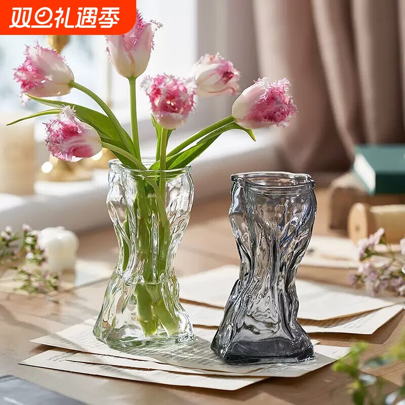 玻璃花瓶轻奢创意插花瓶歪脖客厅餐厅家居摆件台面鲜花精致透明
