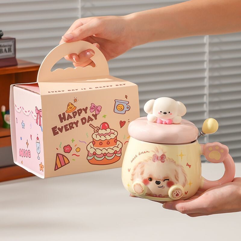 小狗马克杯生日礼物女生高颜值卡通家用带盖勺可爱情侣陶瓷喝水
