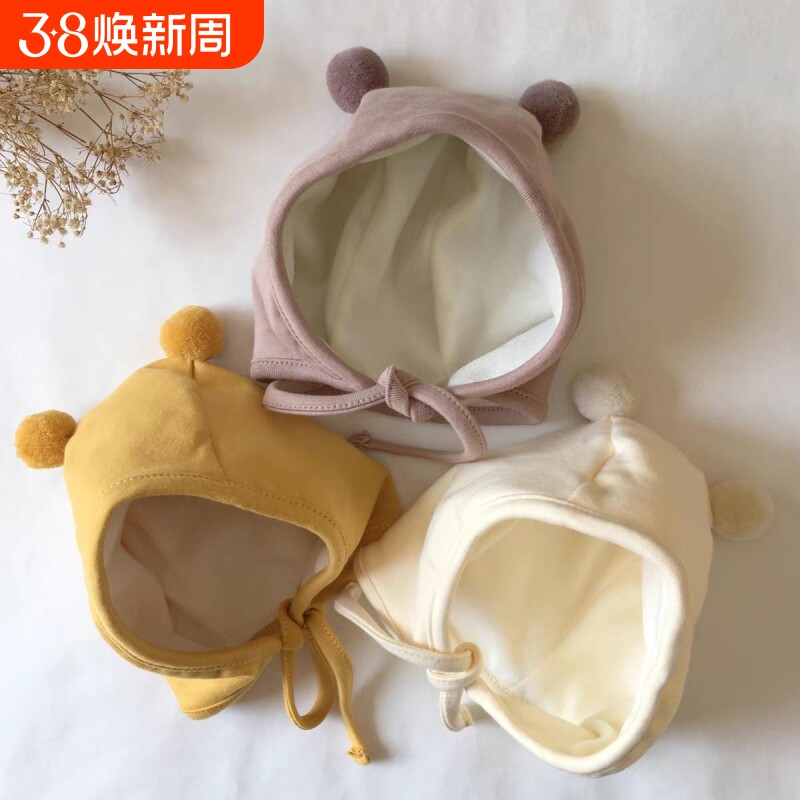 婴儿帽子春秋款男女宝宝秋冬季可爱超萌护耳加绒球球帽新生儿胎帽