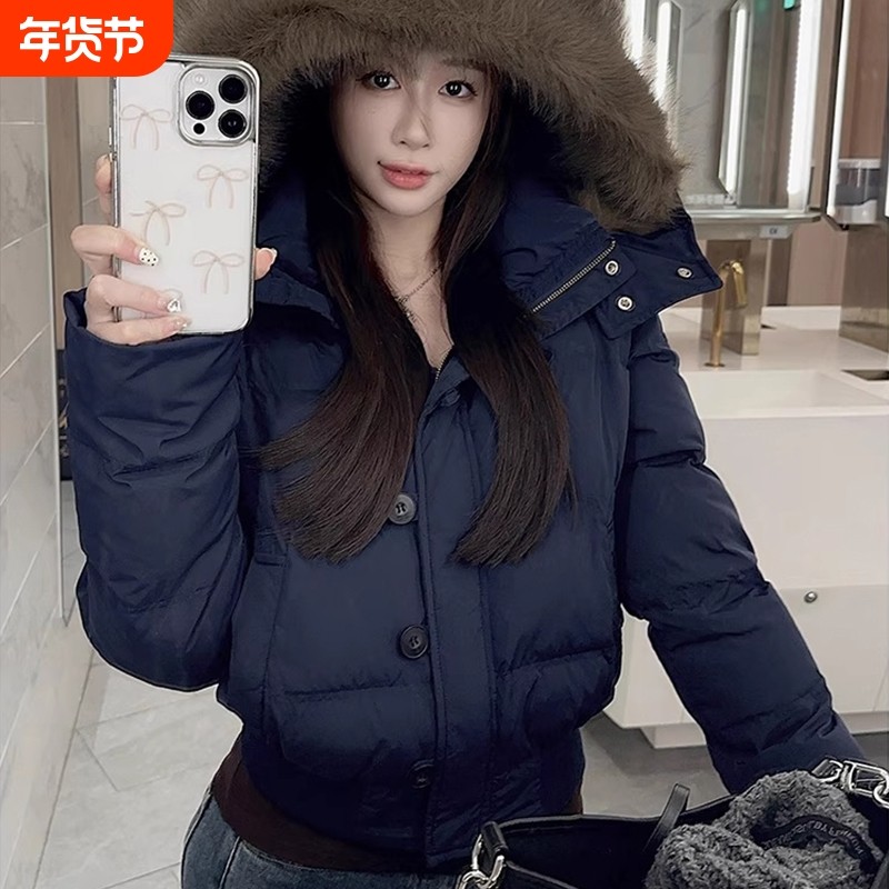 户外2025年冬季新款毛领短款羽绒服女保暖加厚面包服棉服黑色白色