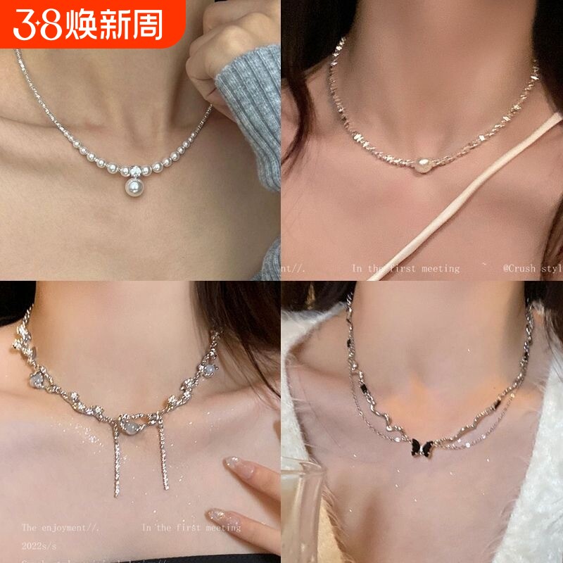 简约珍珠项链小设计气质碎银高级感锁骨链女方糖小钻轻奢精致颈链