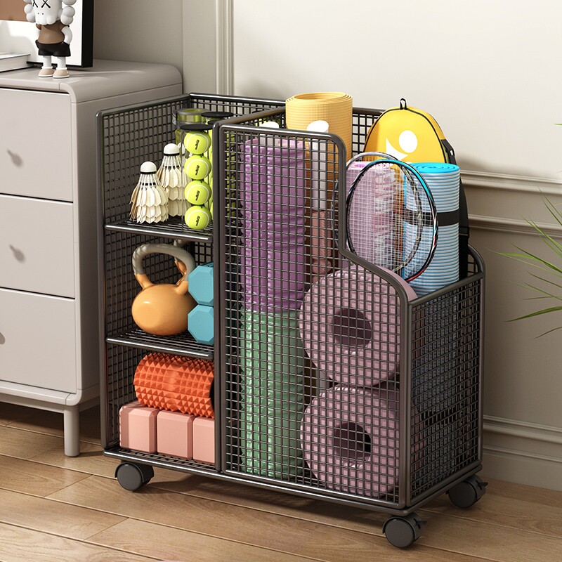 瑜伽垫收纳筐运动健身器材收纳架家用带轮篮球羽毛球拍置物架移动