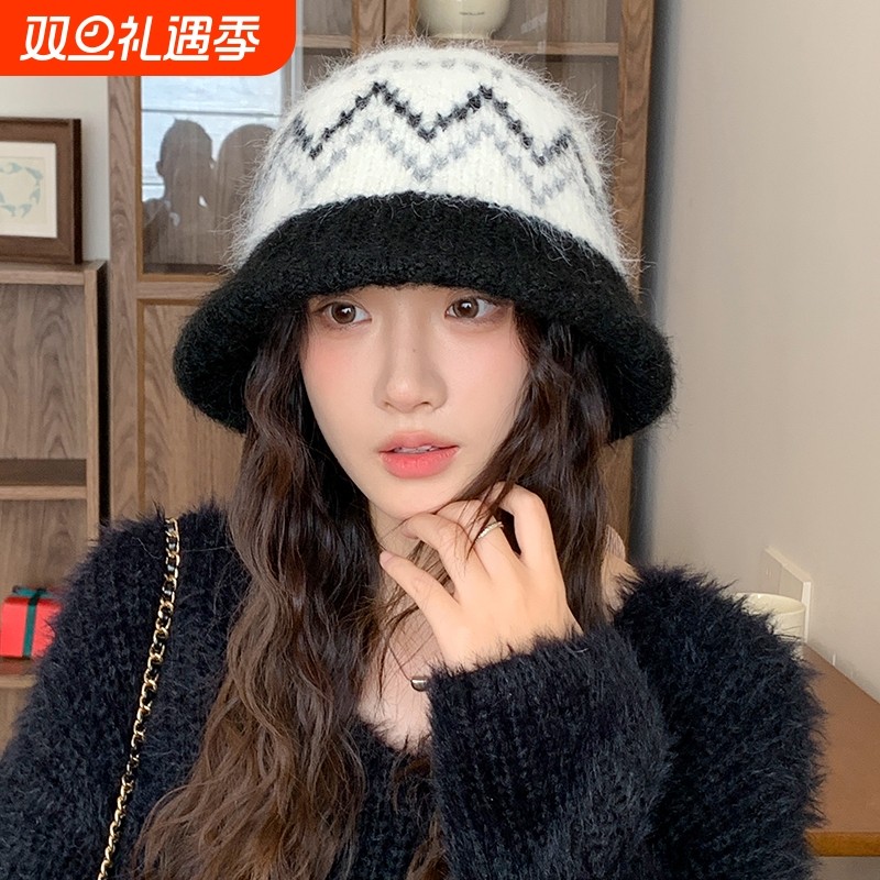 针织渔夫帽女秋冬民族风帽子保暖水桶帽显脸小盆帽潮红色灰色黑色