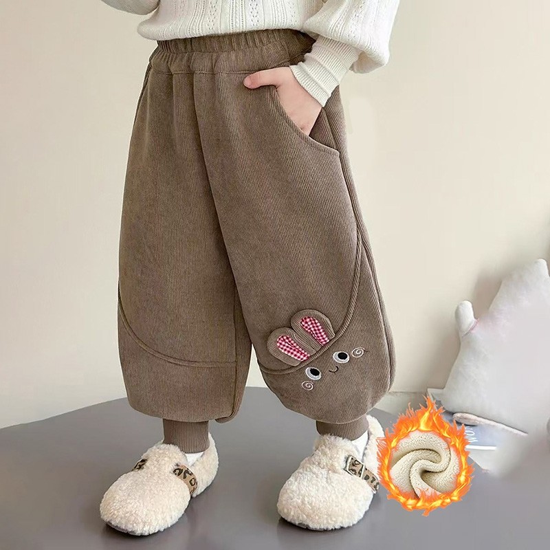 女童秋冬加绒一体绒裤子女孩休闲裤宝宝洋气儿童灯芯绒加厚裤黑色