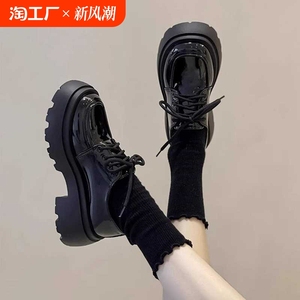 休闲英伦风乐福鞋女2024新款春秋季黑色系带单鞋松糕厚底小皮鞋子