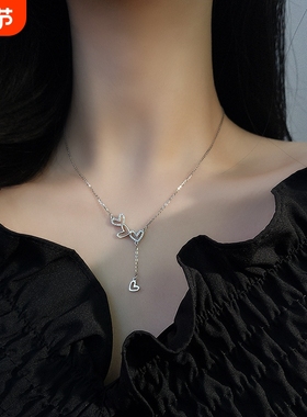 s925纯银爱心气球项链女流苏不对称镶钻桃心时髦小众高级感毛衣链