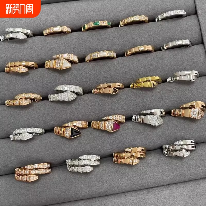 蛇形满钻戒指女莫桑钻蛇骨指环食指精工戒时尚首饰玫瑰金贝母戒指