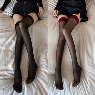 长筒黑丝袜女性感款 红边 过膝大腿黑色半截纯欲蕾丝网夏季 玻璃薄款