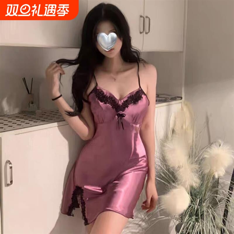气质御姐性感睡衣女夏季缎面冰丝吊带睡裙纯欲风蕾丝低胸家居服