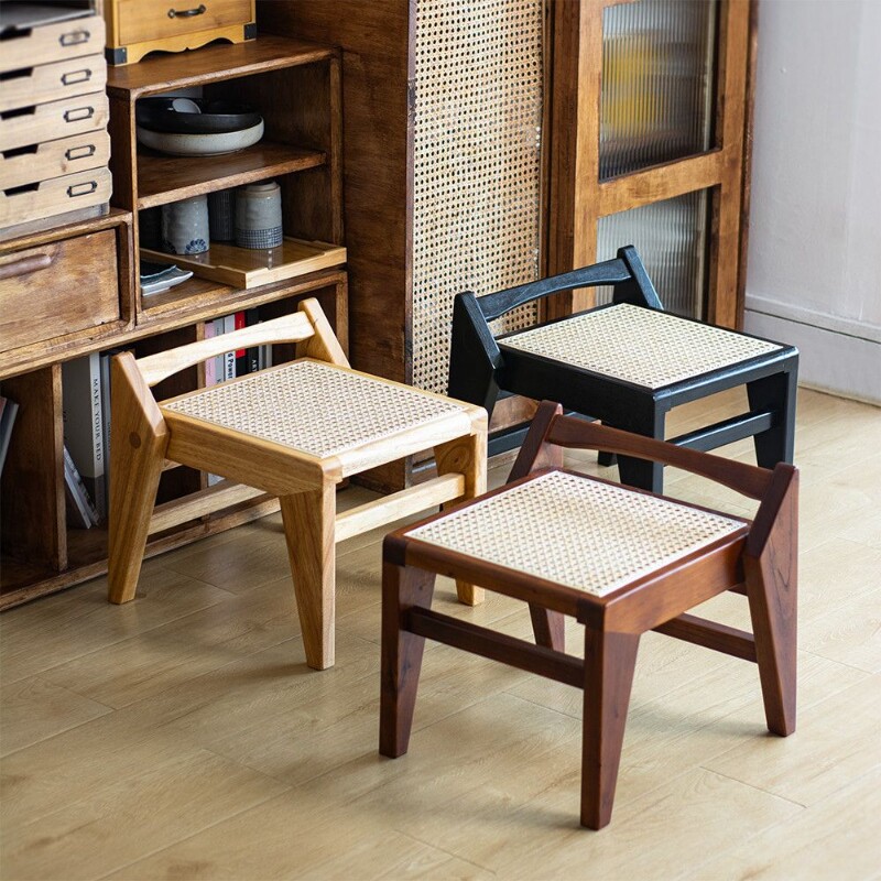 d寅榫藤编实木榫卯小凳子家用换鞋凳沙发凳茶几矮凳透气日式侘寂