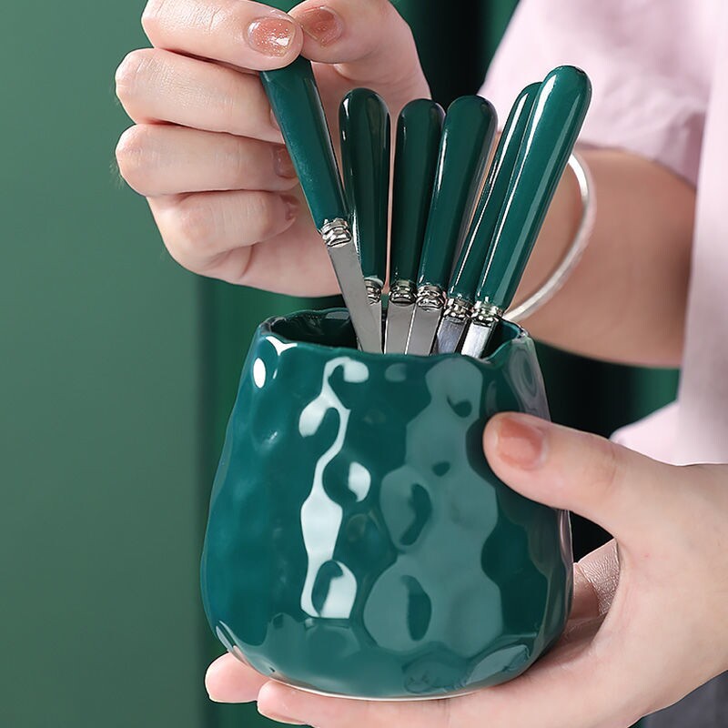 陶瓷水果叉高级感家用吃水果叉子不锈钢管甜品叉套装创意桌上摆件