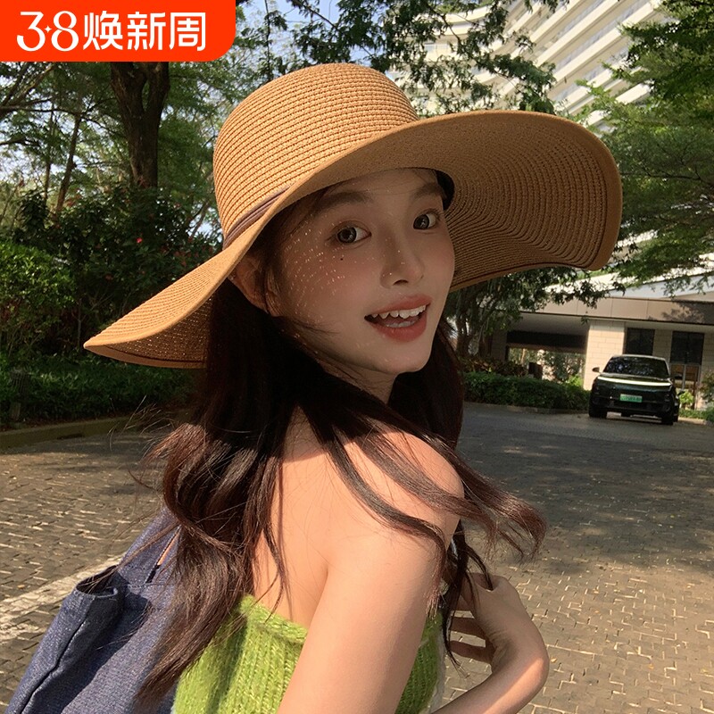 法式大帽檐夏天沙滩草帽女夏海边度假大帽檐防晒遮阳太阳帽子