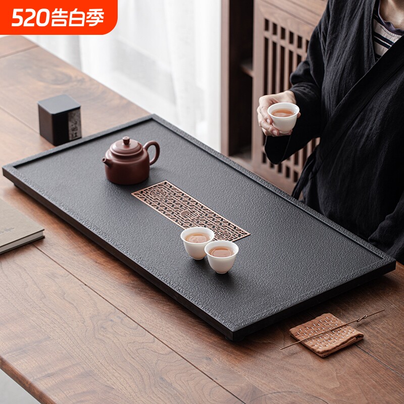 仿乌金石茶盘家用现代简约石头茶台茶海茶具套装底部泡茶实木圆形