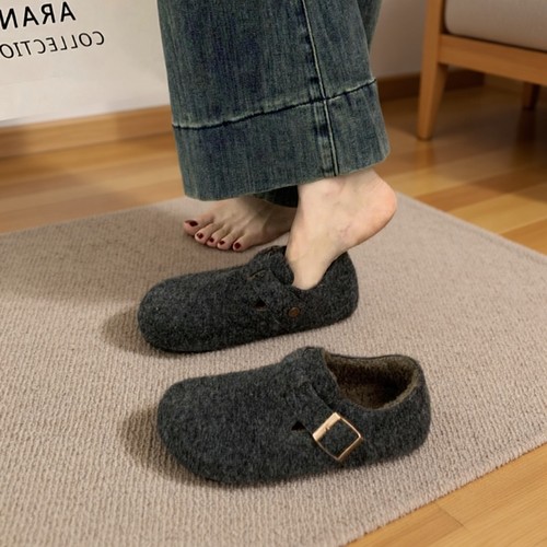毛毡加绒勃肯鞋女2025秋冬新款一脚蹬保暖毛呢乐福鞋灰色平底杏色