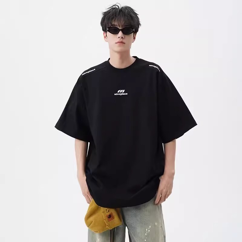 美式潮牌短袖t恤男夏季新款高级感宽松痞帅学生休闲上衣白色黑色