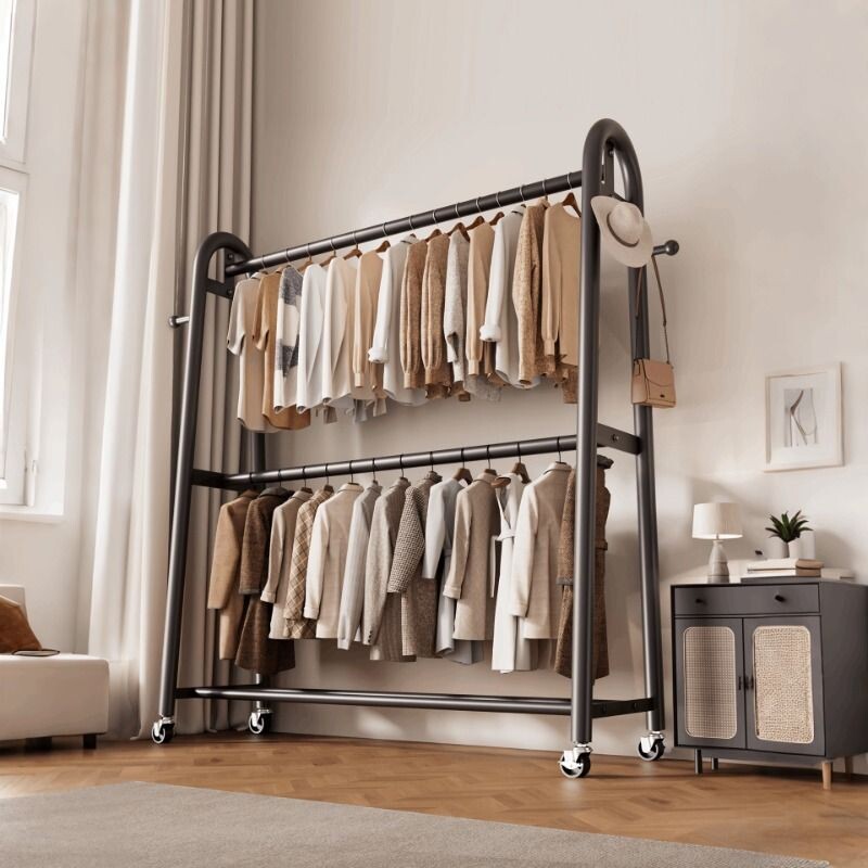 卧室双层落地衣帽架家用可移动挂衣架衣服的神器晾衣架晾晒钢管