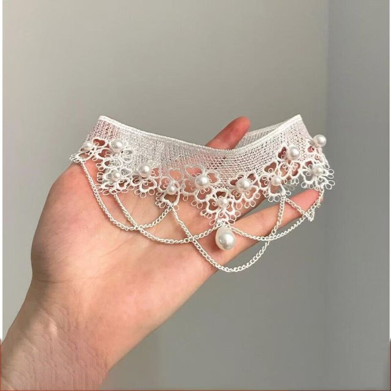 法式仿珍珠白色蕾丝项链女颈带新款气质颈链小众设计高级感锁骨链