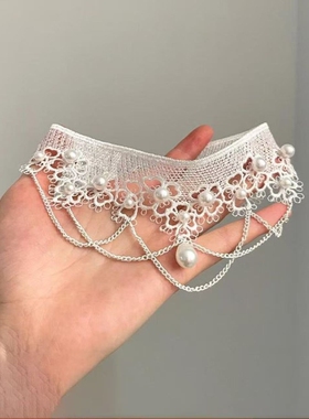 法式仿珍珠白色蕾丝项链女颈带新款气质颈链小众设计高级感锁骨链