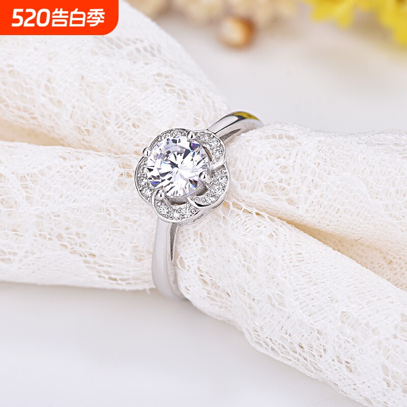 轻奢玫瑰花钻戒指环求婚表白戒指女 s925纯银镶钻开口戒指手饰品