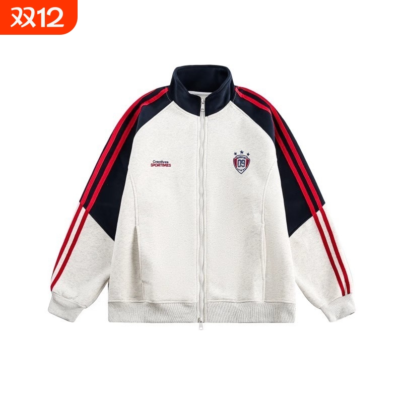 美式条纹撞色立领开衫卫衣男潮牌学院风宽松休闲百搭运动夹克外套