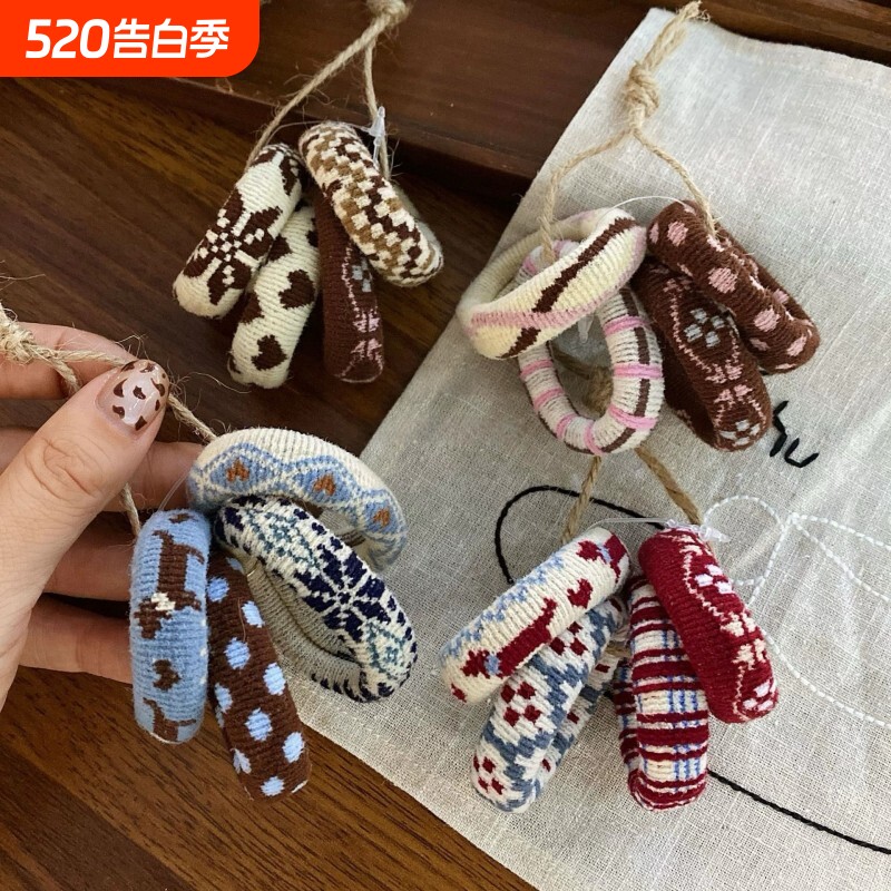 头绳发圈发绳4个装韩国秋冬民族风毛巾圈甜美可爱高弹力发饰蓝色