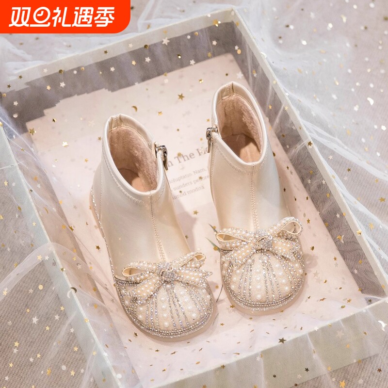 女童靴子2025冬季儿童皮鞋公主鞋秋冬宝宝小短靴加绒鞋子白色水晶