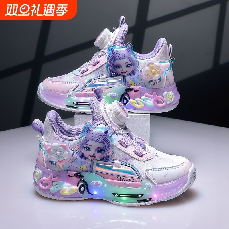 冬季公主发光皮面运动鞋带灯加绒女童新款鞋子秋季女宝宝儿童亮灯
