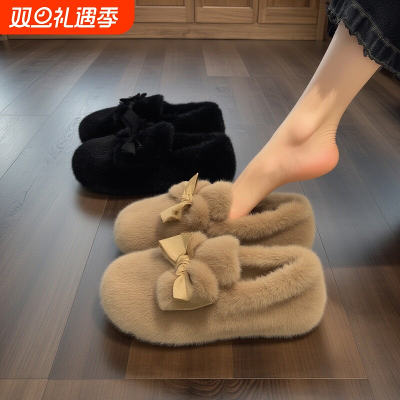 法式毛绒平底超火一脚蹬毛毛鞋子女秋冬外穿2025新款爆款豆豆棉鞋