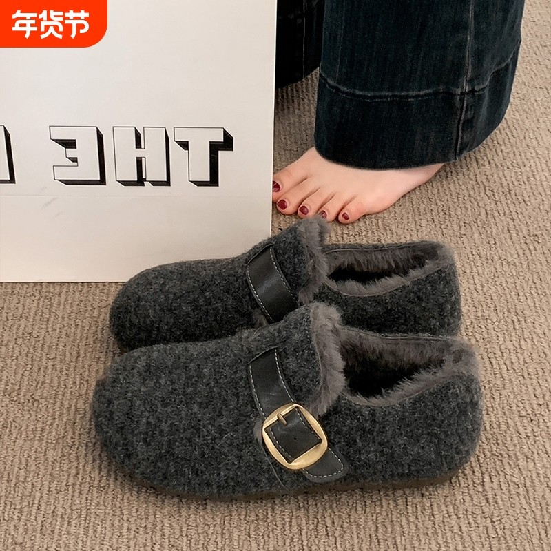 灰色两穿毛呢勃肯鞋女2025冬季新款百搭加绒保暖一脚蹬厚底棉鞋子,女鞋,勃肯鞋/软木鞋,淘宝优惠券,粉丝福利购,淘宝优惠卷