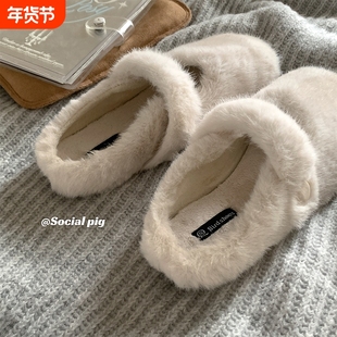 ~加绒毛毛鞋女外穿秋冬季懒人鞋豆豆棉鞋玛丽珍单鞋平底中跟鞋子