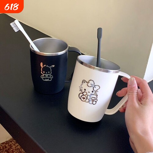 日式304不锈钢洗漱口杯防霉刷牙水杯子带手柄一家三口简约可爱ins