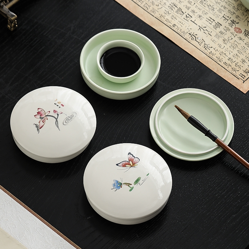 陶瓷火锅砚台书法专用带盖墨盒