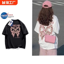 NASA联名蝴蝶结印花纯棉短袖t恤女夏季2024新款潮牌宽松圆领上衣