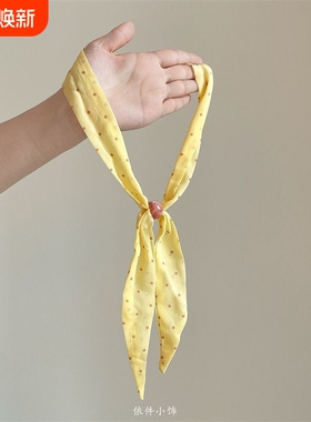 春夏元气奶黄色波点丝巾项链女免打结细飘带海边度假领巾装饰颈链