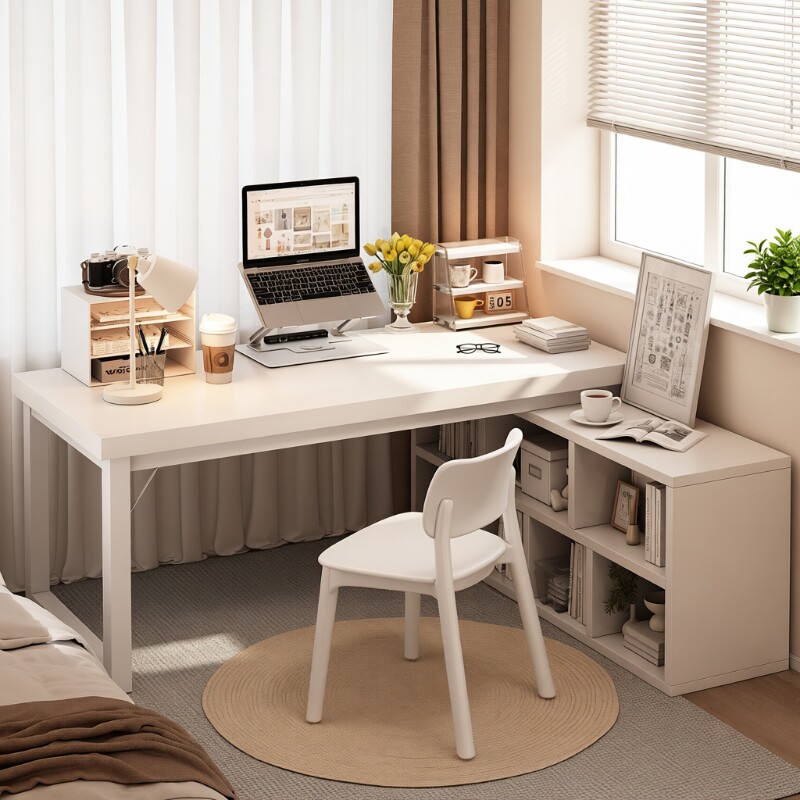 转角书桌书架桌子卧室女生梳妆台书柜一体I型型桌小户型白色落地