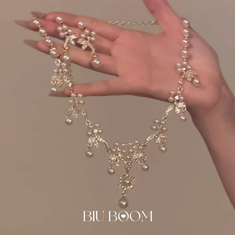 「biuboom」法式花朵仿珍珠项链气质精致轻奢新娘配饰品锁骨链