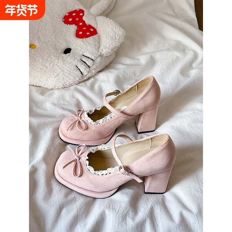 法式蝴蝶结粉色玛丽珍高跟鞋女2026年春季新款配裙子浅口粗跟单鞋,女鞋,浅口单鞋,淘宝优惠券,粉丝福利购,淘宝优惠卷