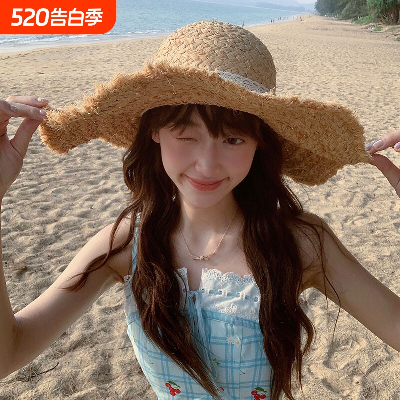 大帽檐蕾丝草帽女夏季海边度假沙滩遮阳防晒帽子法式可折叠白色