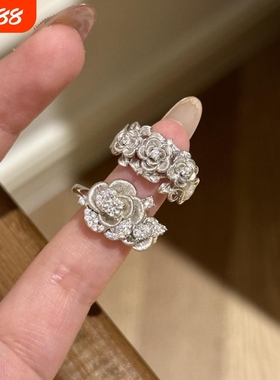 新款中古银色拉丝玫瑰花戒指女气质轻奢高级感小众设计可调节指环