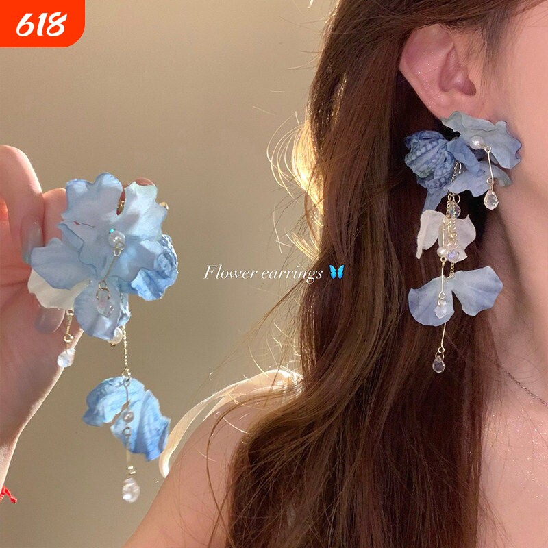 夏日蓝色流苏耳钉女高级感海边度假风耳环氛围感耳饰粉色花朵银针