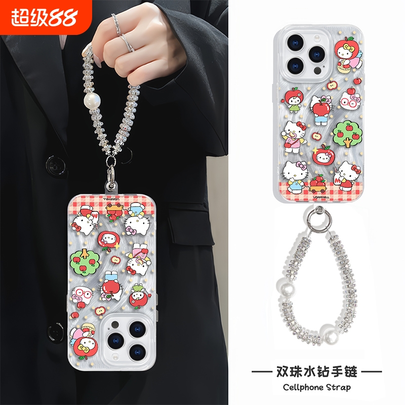 苹果凯蒂猫OPPOReno13高级感手机壳带挂绳硬羽纱14ProMax女款15plus适用iPhone16可爱12华为mate60卡通s19pro