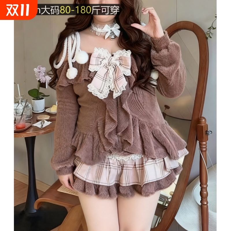 设计感小众大码秋冬棕色套装女蝴蝶结上衣拼接格子蛋糕短裙两件套