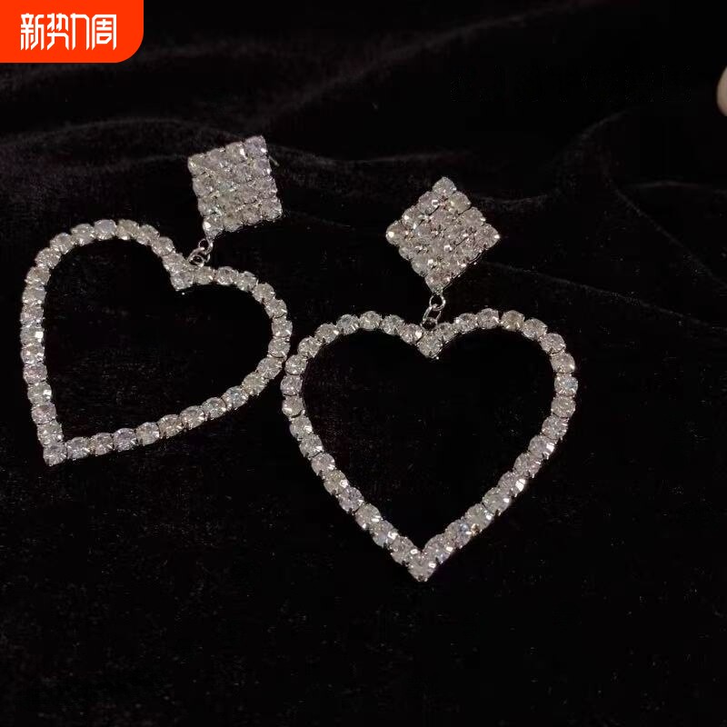 欧美轻奢满钻大爱心耳环高级感小众设计桃心耳钉ins网红夸张耳坠