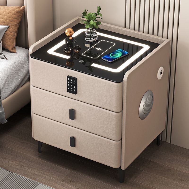 密码锁床头柜现代智能实木充电家用轻奢简约无线多功能卧室床边