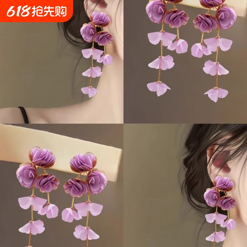 紫蕊逸香紫色雪纺花朵耳环精致百搭韵味紫耳钉气质耳饰耳环女