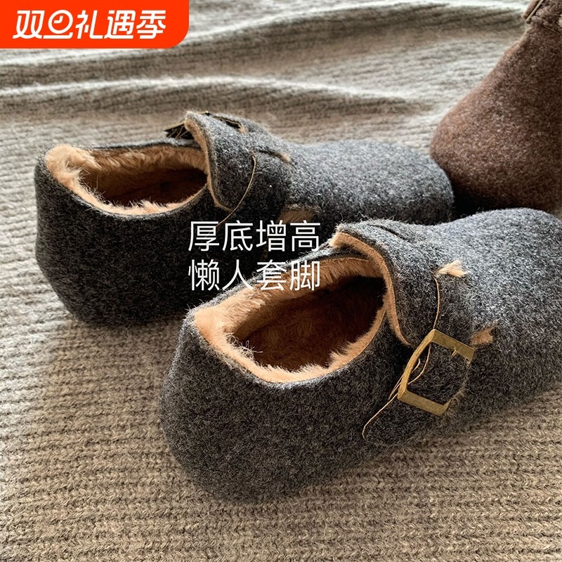 ~INS高端加厚毛呢博肯鞋女冬季雪地靴黑灰色呢子勃肯鞋内增高毛绒