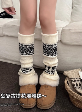 复古费尔岛堆堆袜套秋冬加厚保暖灰色腿套羊毛袜子2025新款爆款冬